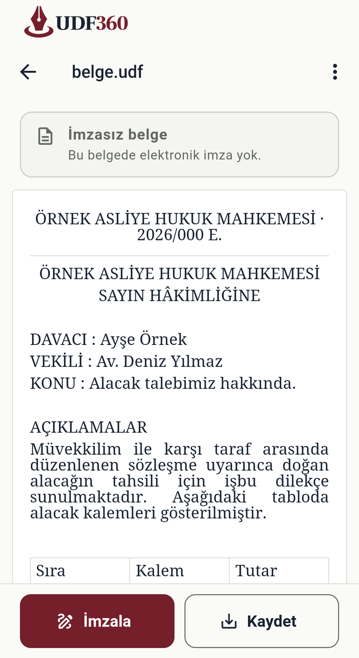 UDF360 logosu ve uygulamada açılmış kurgusal bir UDF dilekçe belgesi.