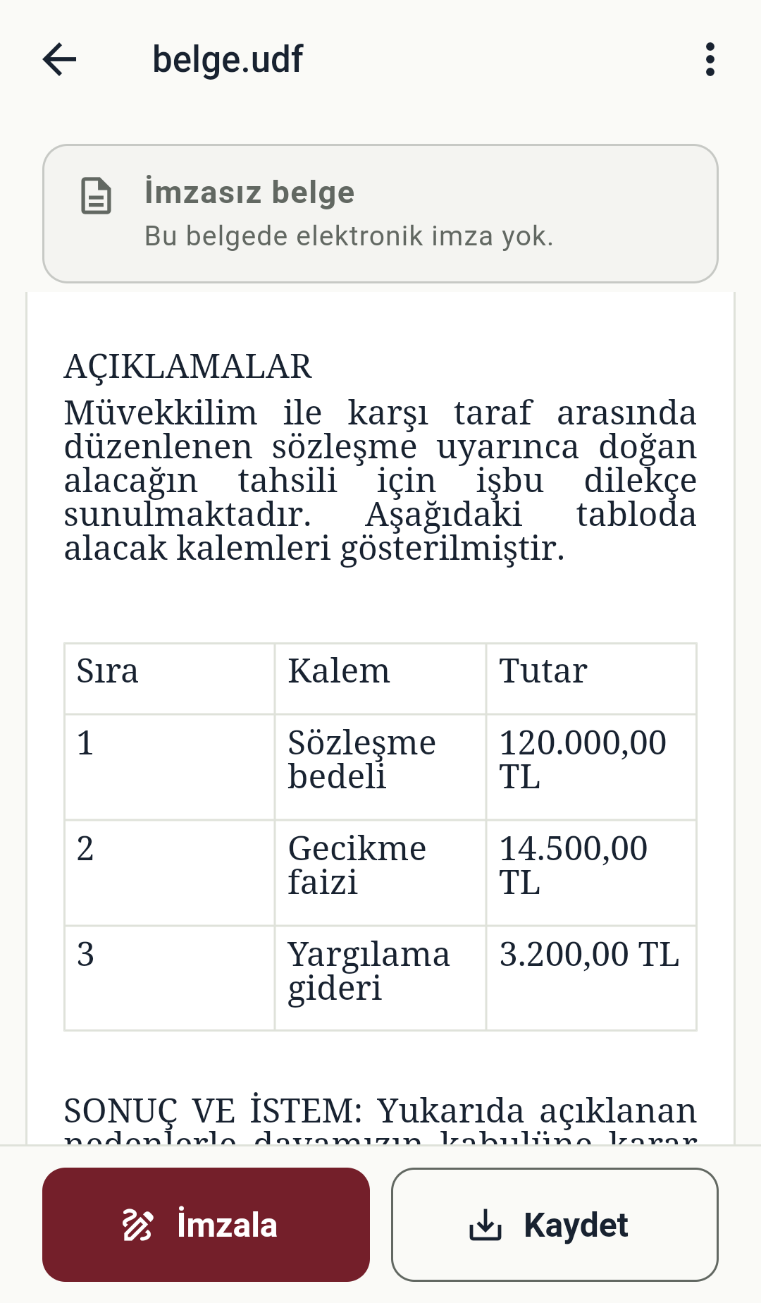 UDF360'te kurgusal bir dilekçenin tutar tablosu görüntüleniyor.