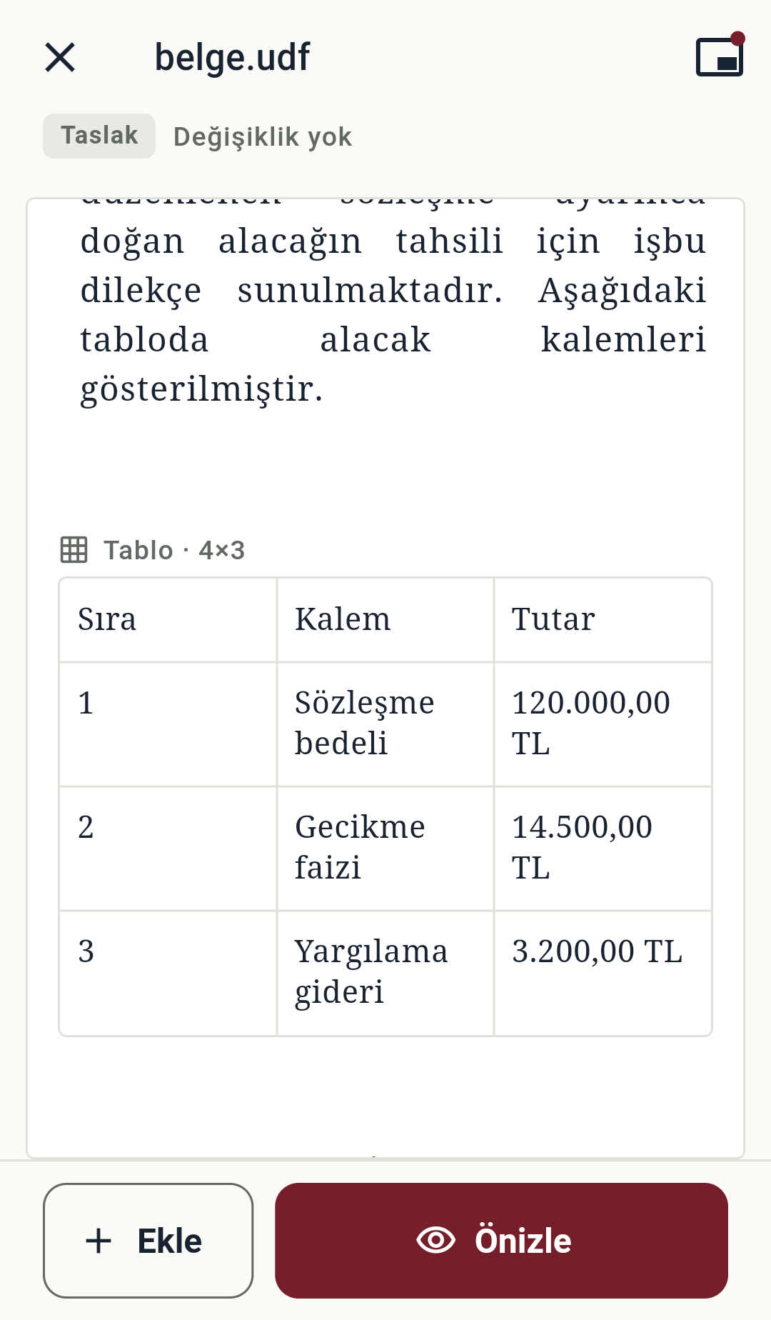 UDF360'te kurgusal bir UDF dilekçesinin metin ve tablo düzenleme görünümü.