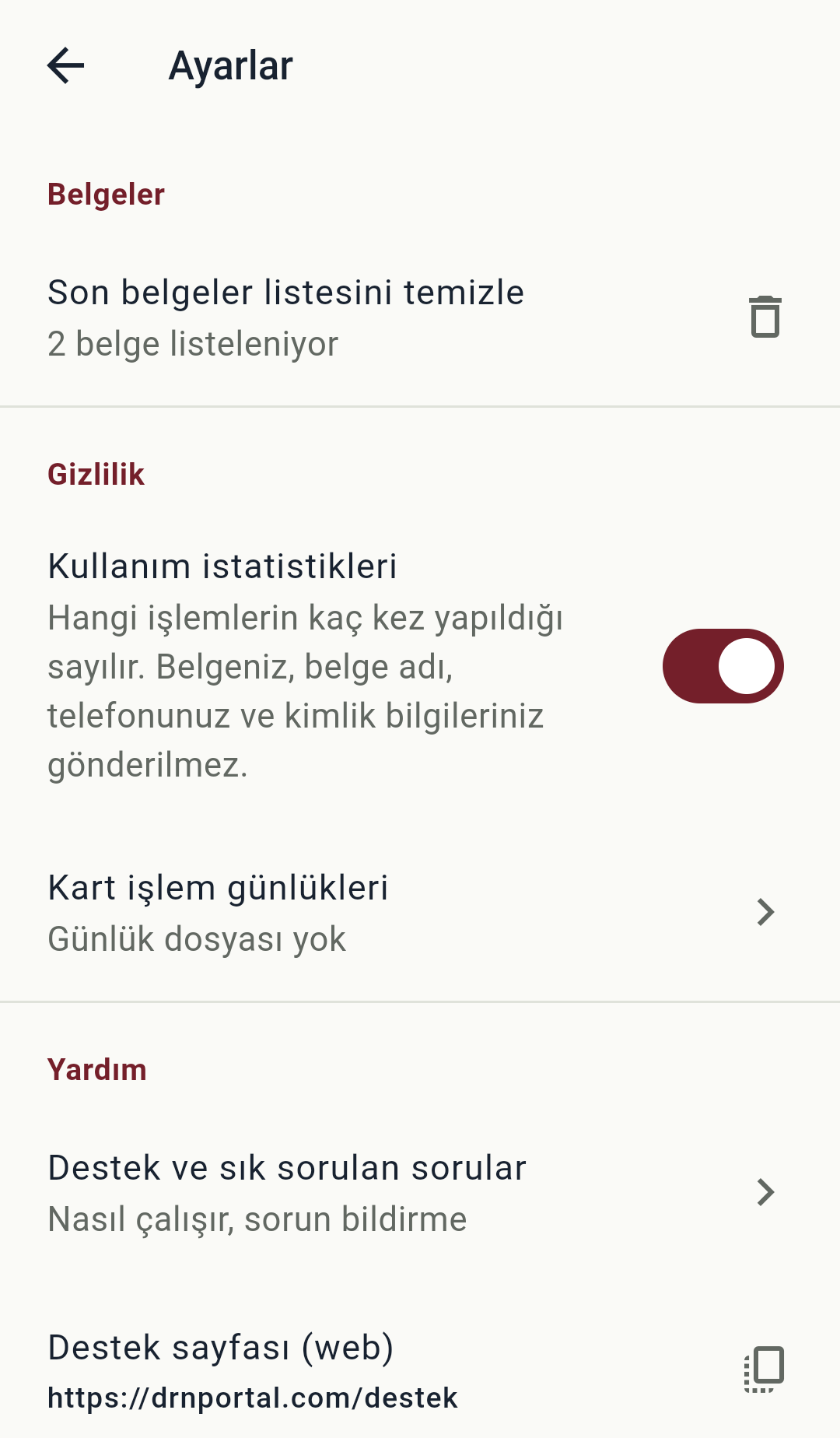 UDF360 ayarlarında kullanım istatistikleri tercihi ve kart işlem günlükleri.