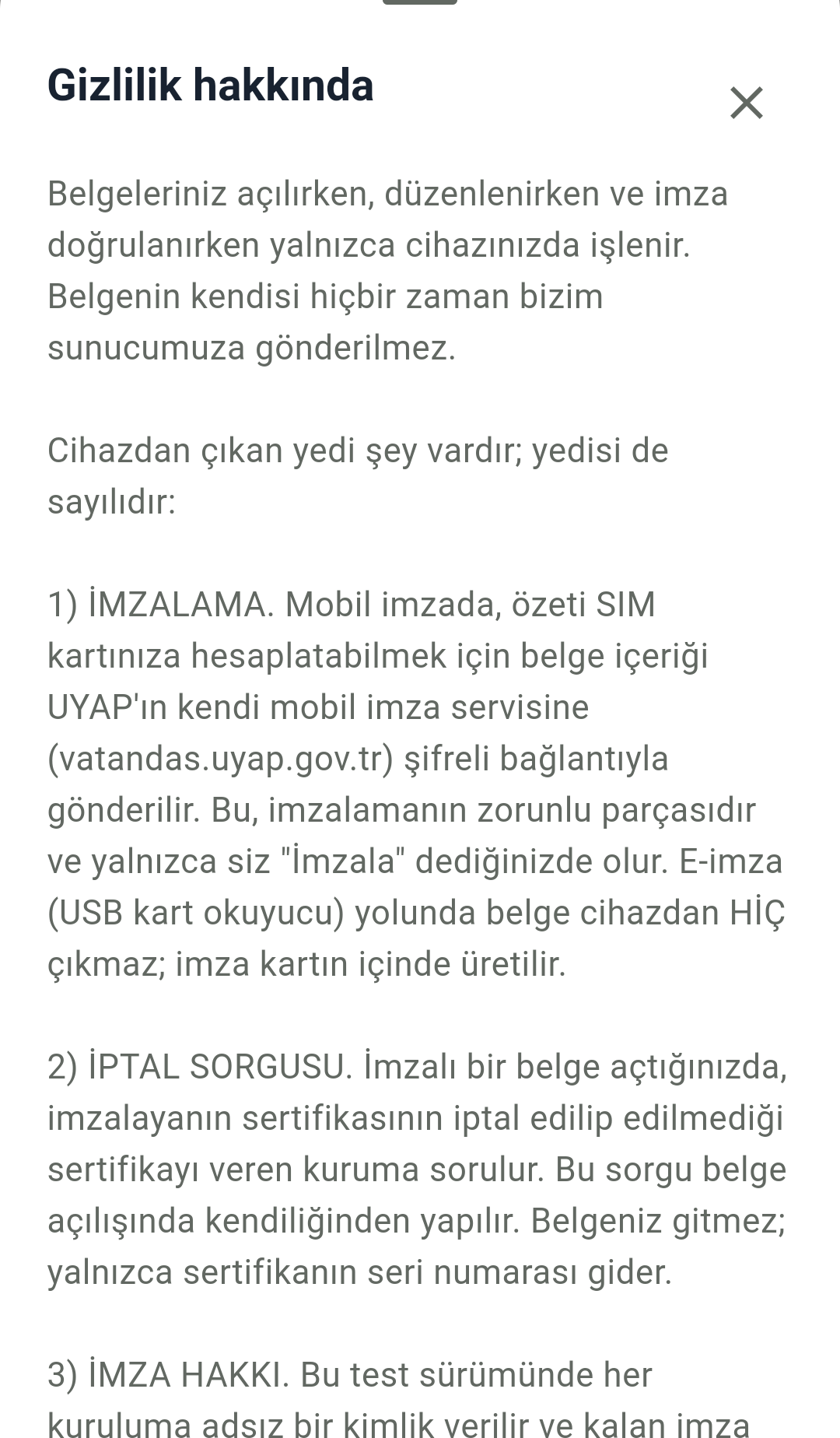 UDF360 uygulamasındaki Gizlilik hakkında panelinin belge işleme, mobil imza ve sertifika iptal sorgusunu açıklayan bölümü.